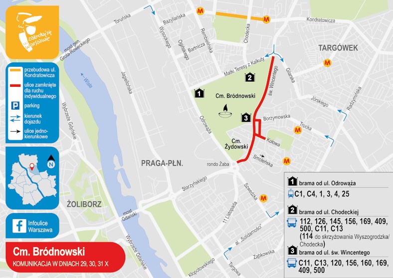 Cmentarz Bródnowski - komunikacja w dniach 29, 30, 31 października