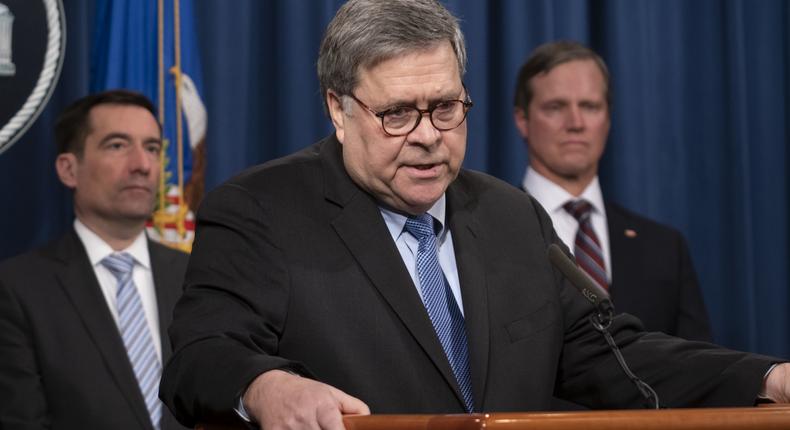 Attorney General William Barr speaks to reporters at the Justice Department in Washington, Monday, Jan. 13, 2020, to announce results of an investigation of the shootings at the Pensacola Naval Air Station in Florida. On Dec. 6, 2019, 21-year-old Saudi Air Force officer, 2nd Lt. Mohammed Alshamrani, opened fire at the naval base in Pensacola, killing three U.S. sailors and injuring eight other people. (AP Photo/J. Scott Applewhite)