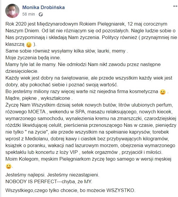 Monika Drobińska, pielęgniarka, składa życzenia koleżankom i kolegom w Międzynarodowym Dniu Pielęgniarki i Położnej 