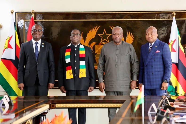 Ghana’s President John Mahama ;Zimbabwe’s President Emmerson Mnangagwa;Samuel Okudzeto Ablakwa, Ghana's Minister for Foreign Affairs and Regional Integration and his Zimbabwean counterpart, Amon Murwira during the signing of bilateral agreements in Accra.
