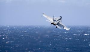 An F/A-18E Super Hornet, assigned to the Stingers of Strike Fighter Squadron (VFA) 113, launches from the flight deck aboard Nimitz-class aircraft carrier USS Carl Vinson (CVN 70) during Annual Exercise (ANNUALEX).U.S. Navy photo by Mass Communication Specialist 3rd Class Isaiah B Goessl