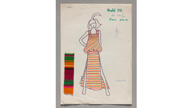 Projekt sukienki inspirowanej folklorem dla Spółdzielni Moda i Styl, Grażyna Hase, 1977, Muzeum Warszawy