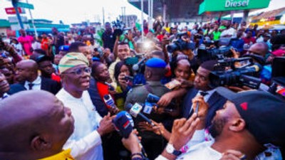 Gov. Babajide Sanwo-Olu of Lagos State speaking to journalists after assessing the site of the private helicopter crash at Oba Akran Avenue, Ikeja on Tuesday, Aug. 1, 2023.