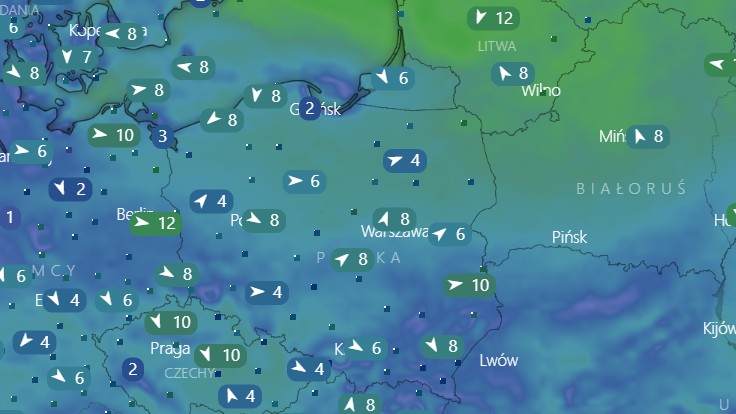 Prognozowany wiatr we wtorek, 31 maja