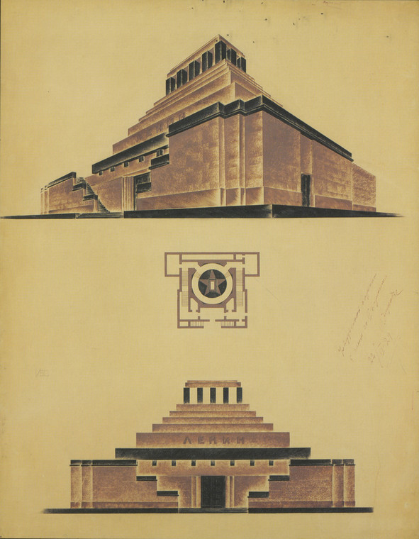 Mauzoleum Lenina (pierwsza wersja finalnego projektu). Znaleziono w zbiorach Państwowego Naukowego Muzeum Architektury A. Szczuszewa w Moskwie. Artysta Szczusiew, Aleksiej Wiktorowicz (1894-1949)