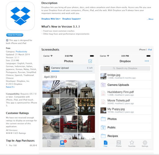 <b>Dropbox (iOS, Android)</b>
<br><br>
Dropbox umożliwia kompleksowe zarządzanie naszymi dokumentami i multimediami. Zapisane dane są dostępne na wszystkich urządzeniach z zainstalowaną aplikacją. Dropbox pełni również funkcję kopii bezpieczeństwa dla naszych plików.