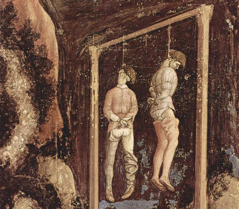 Nieszczęsne, rozkładające się ciała nieraz wieszali dawni koledzy. Obraz Antonia Pisana „Wisielcy” z XIV wieku