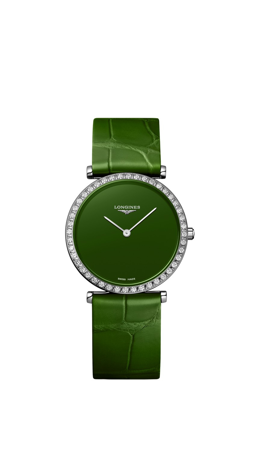 LONGINES La Grande Classique de Longines, Quarzwerk, 29 mm, mit Edelstahlgehäuse, Alligatorlederarmband und Lünette mit Top-Wesselton-Diamanten, 3100 Franken.