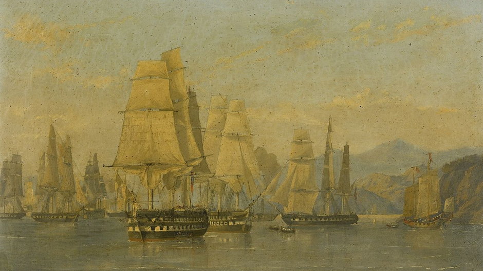 HMS Wellesley i brytyjska eskadra płynące z Hongkongu do ataku na Amoy w 1841 r.