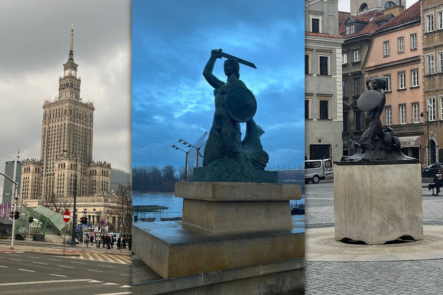 Pałac Kultury i Nauki, pomnik Syreny nad Wisłą oraz pomnik na starówce.