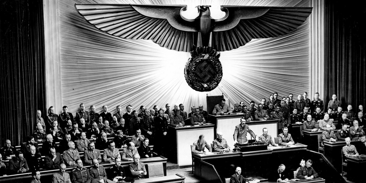 Adolf Hitler gives a speech declaring war on the US on December 11, 1941.