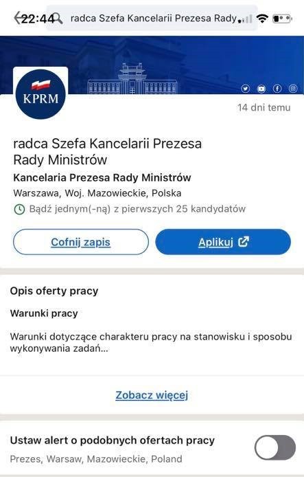 Ogłoszenie dot. pracy w Kancelarii Premiera na portalu LinkedIn