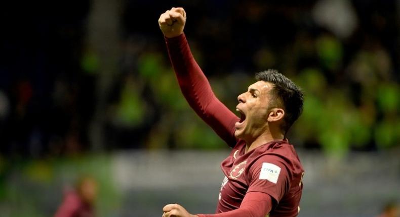 Club America forward Silvio Romero celebrates his second goal during the Club World Cup clash against Jeonbuk Hyundai Motors in Osaka on December 11, 2016