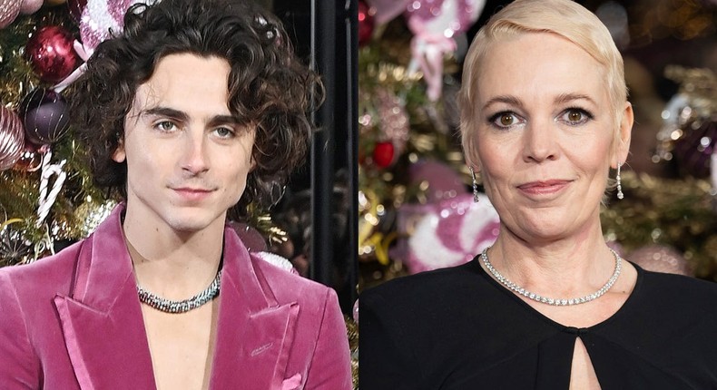 Timothe Chalamet and Olivia Colman at the World Premiere of Wonka at The Royal Festival Hall in London, England.Alan Chapman/Dave Benett/WireImage/Scott Garfitt/Invision/AP