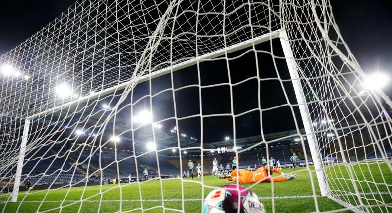 Fabian Klos scores the goal for Bielefeld on Tuesday which confirmed Schalke's relegation from the Bundesliga Creator: WOLFGANG RATTAY