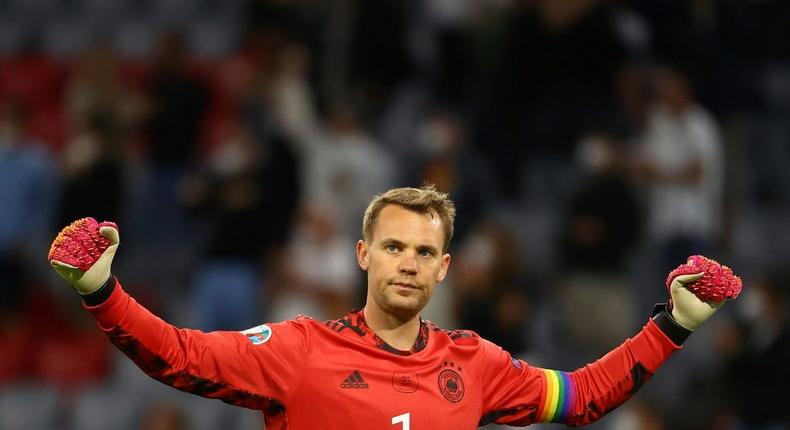 Germany goalkeeper Manuel Neuer celebrates reaching the last 16 of Euro 2020 Creator: KAI PFAFFENBACH