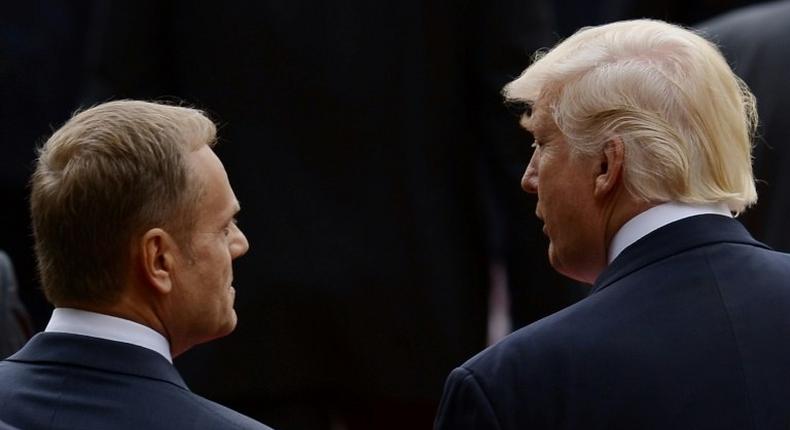 US President Donald Trump (L) speaks with President of the European Council Donald Tusk during the Heads of State and of Government G7 summit, on May 26, 2017 in Taormina, Sicily