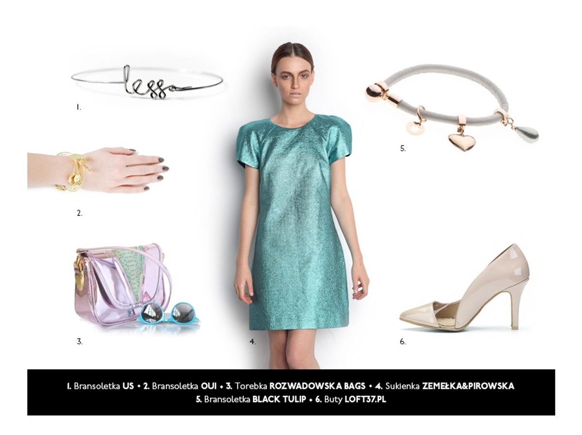 •	suknia, KASIA MICIAK, 280 zł •	kopertówka, ANTBAG by ania, 790 zł •	naszyjnik, ALE., 399 zł •	pierścionki, FILIMONIUK DESIGN, 149 zł •	opaska, BARTEK JANUSZ, 770 zł