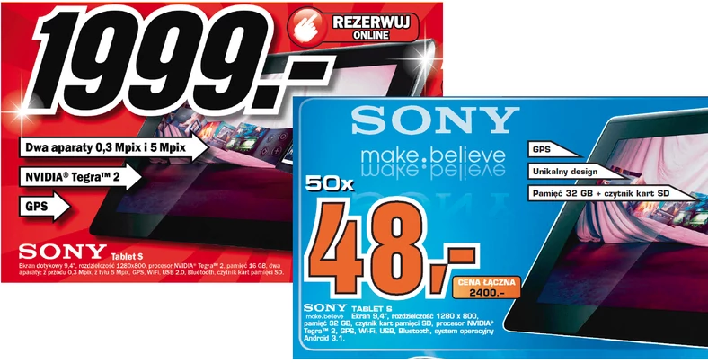 Przeglądając oferty specjalne, trzeba być bardzo uważnym. Na przykład w Media Markcie Sony Tablet S jest o 400 złotych tańszy niż w Saturnie. Jednak oferta dotyczy dwóch różnych modeli – jeden ma 16, a drugi 32 GB pamięci. Łatwo tego nie dostrzec, jeśli nie mamy świadomości, że na rynku występuje kilka wersji danego urządzenia.