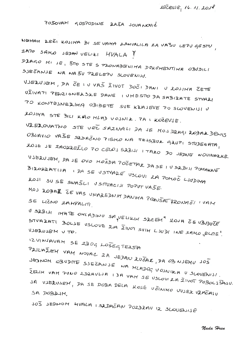 Nadica iz Slovenije pisala gospodinu Raši