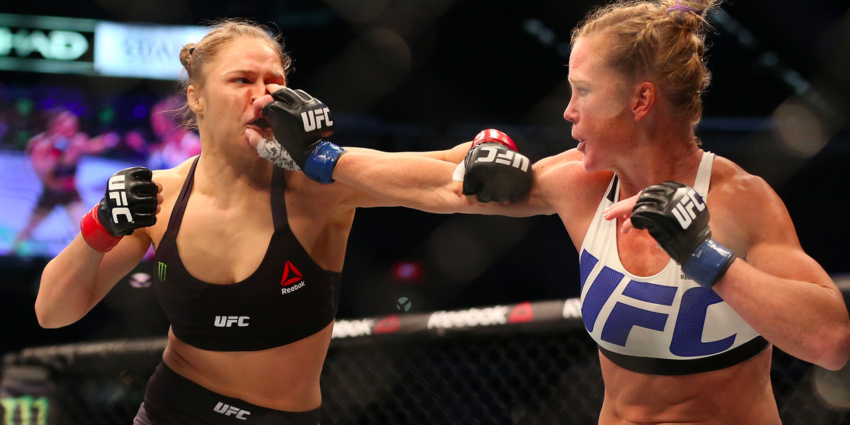 Ronda Rousey, left, and Holly Holm competing in their UFC women's bantamweight championship bout during the UFC 193 event at Etihad Stadium on November 15 in Melbourne, Australia.