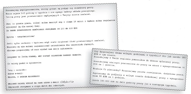 Oto przykłady fałszywych ofert pracy. W ich treści podane są konkretne wynagrodzenia i wymiar godzin.