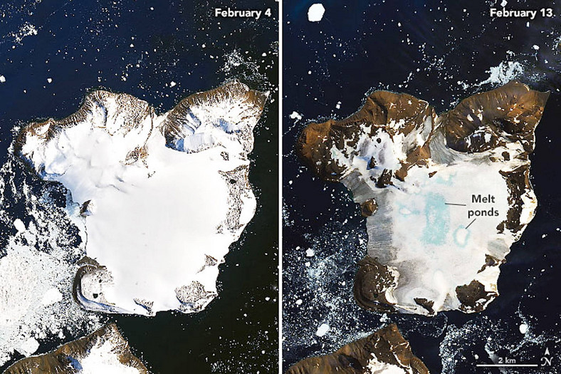 Poziom pokrywy lodowej na Eagle Island na Antarktydzie - 4 lutego (L) i 13 lutego (P)
