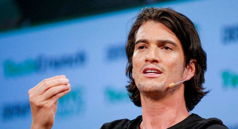 FILE PHOTO: Adam Neumann, CEO of WeWork, speaks to guests during the TechCrunch Disrupt event in Manhattan, in New York City, NY, U.S. May 15, 2017. REUTERS/Eduardo Munoz/File Photo