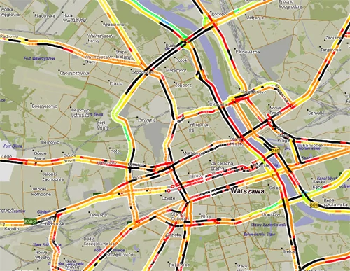 Czarne trasy to te, po których samochody poruszały się z prędkością mniejszą niż 8 km/h. To wczorajszy obraz Warszawy. Może ci, którzy weszli na Targeo i zorientowali się w sytuacji, powinni zostawić samochód pod biurem i wrócić do domu komunikacją miejską