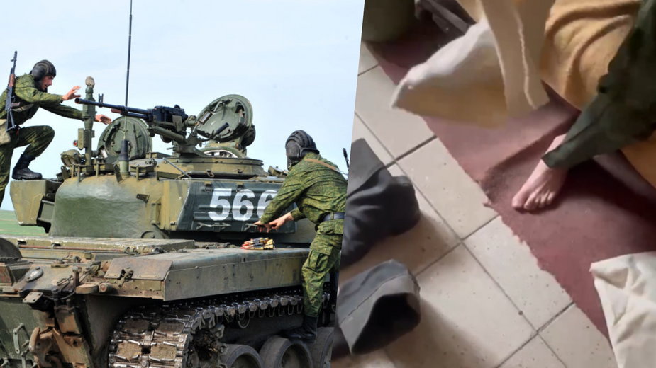 Ubogie wyposażenie rosyjskich żołnierzy — szmaty zamiast skarpet (screen: Twitter/Defense of Ukraine)