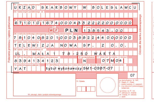 Przykład wypełnienia formularza Polecenia Przelewu na konto urzędu skarbowego