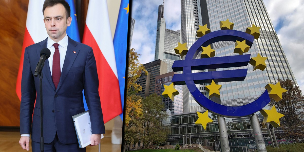 Minister finansów Andrzej Domański i "pomnik euro" we Frankfurcie w Niemczech