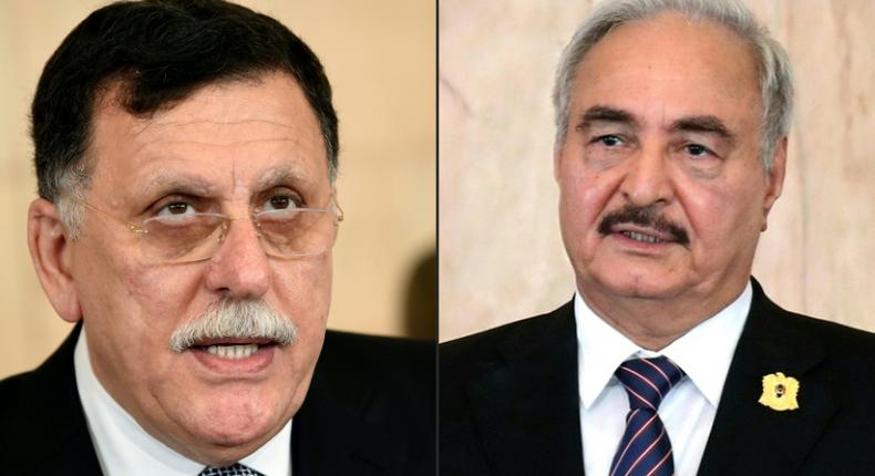 Libya's UN-recognised Prime Minister Fayez al-Sarraj (left) and his adversary, General Khalifa Haftar