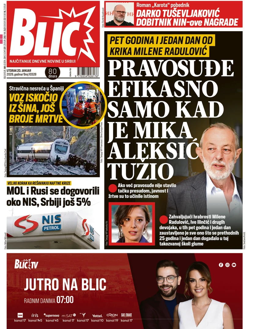 Blic naslovna strana za 20.1.