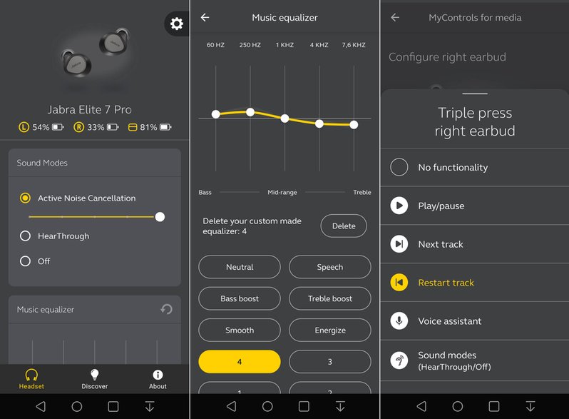 Podstawowe ekrany ustawień słuchawek Jabra Elite 7 Pro w aplikacji Jabra Sound+