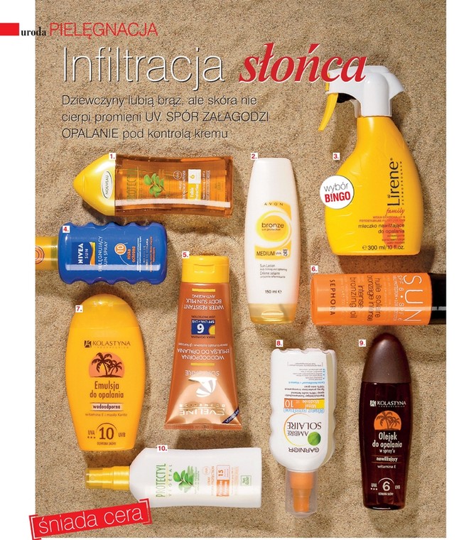 1. Olejek SPF 6 Protectyl Vegetal, Yves Rocher, 39 zł 
2. Ujędrniający balsam ochronny SPF 15 Bronze, Avon, 39,90 zł 
3. Wodoodporna emulsja SPF 6 Family, Lirene, 19 zł 
4. Pielęgnujący i ochronny spray SPF 10 Sun, Nicea, 36 zł 
5. Wodoodporna emulsja SPF 6, Eveline, 11 zł 
6. Olejek SPF 6, Sephora, 39 zł 
7. Emulsja wodoodporna SPF 10, Kolastyna, 13,50 zł 
8. Transparentny spray ochronny SPF 10, Ambre Solaire Garnier, 22 zł 
9. Nawilżający olejek w sprayu SPF 6, Kolastyna 13,50 zł 
10.Spray nawilżająco-ochronny SPF 15, Yves Rocher, 72 zł