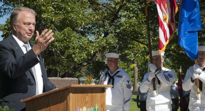 Fargo, North Dakota Mayor, Dr Tim Mahoney speaks to Sailors present at the USS Robalo (SS 273) wreath laying ceremony held at the Lindenwood Park, during Fargo Navy Week, July 23, 2018.