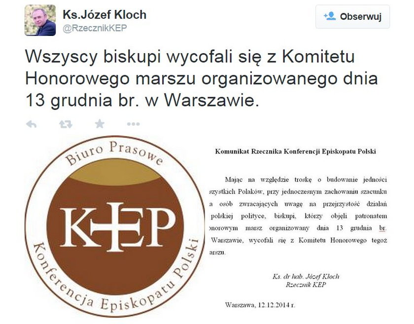 Biskupi się poddali i wycofali się z marszu PiS