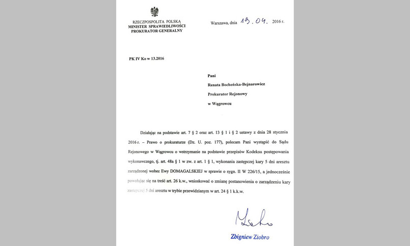 Pismo z błędem, które podpisał minister Zbigniew Ziobro