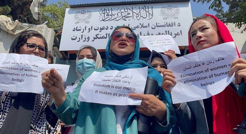 Afghan women protested outside the former ministry of women affairs which has been replaced by the ministry of virtue and vice in Kabul, Afghanistan-September 19, 2021.
