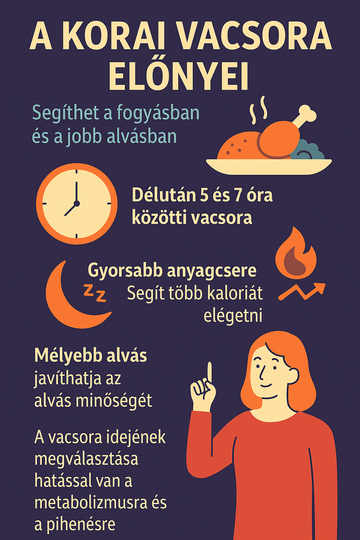 Aki későn eszik, többet kockáztat, mint pusztán a lassú emésztést. Tanulmányok kimutatták, hogy a szervezet a késő esti órákban kevésbé hatékonyan dolgozza fel az ételt. Ha délután 5 és 7 óra között eszik, a szervezetnek elég ideje lesz optimálisan lebontani az ételt. Az eredmény: több kalóriát éget el étkezés után, és mélyebben alszik – igazi win-win helyzet.