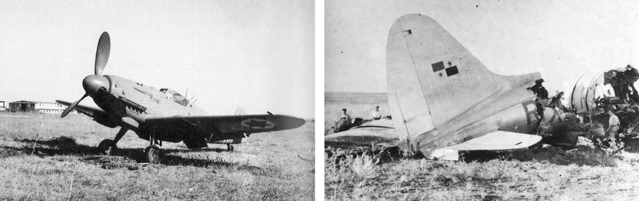 Niemiecki Messerschmitt przekształcony w izraelską Avię S-199 (po lewej). Ogon czeskiego samolotu transportowego (po prawej), który rozbił się w drodze do Izraela.