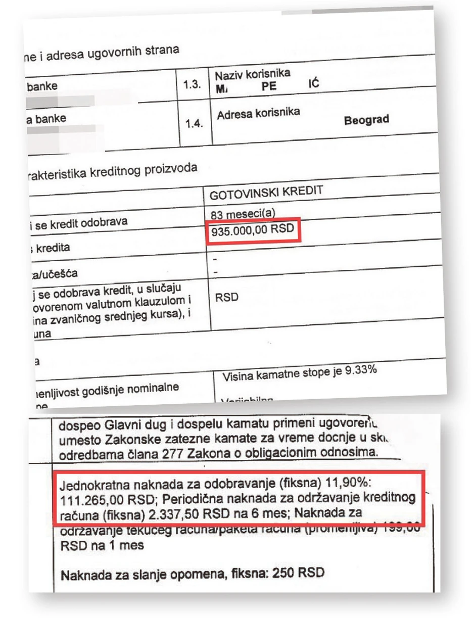 Za gotovinski kredit od 935.000 dinara, naplaćena naknada za odobravanje od 111.265