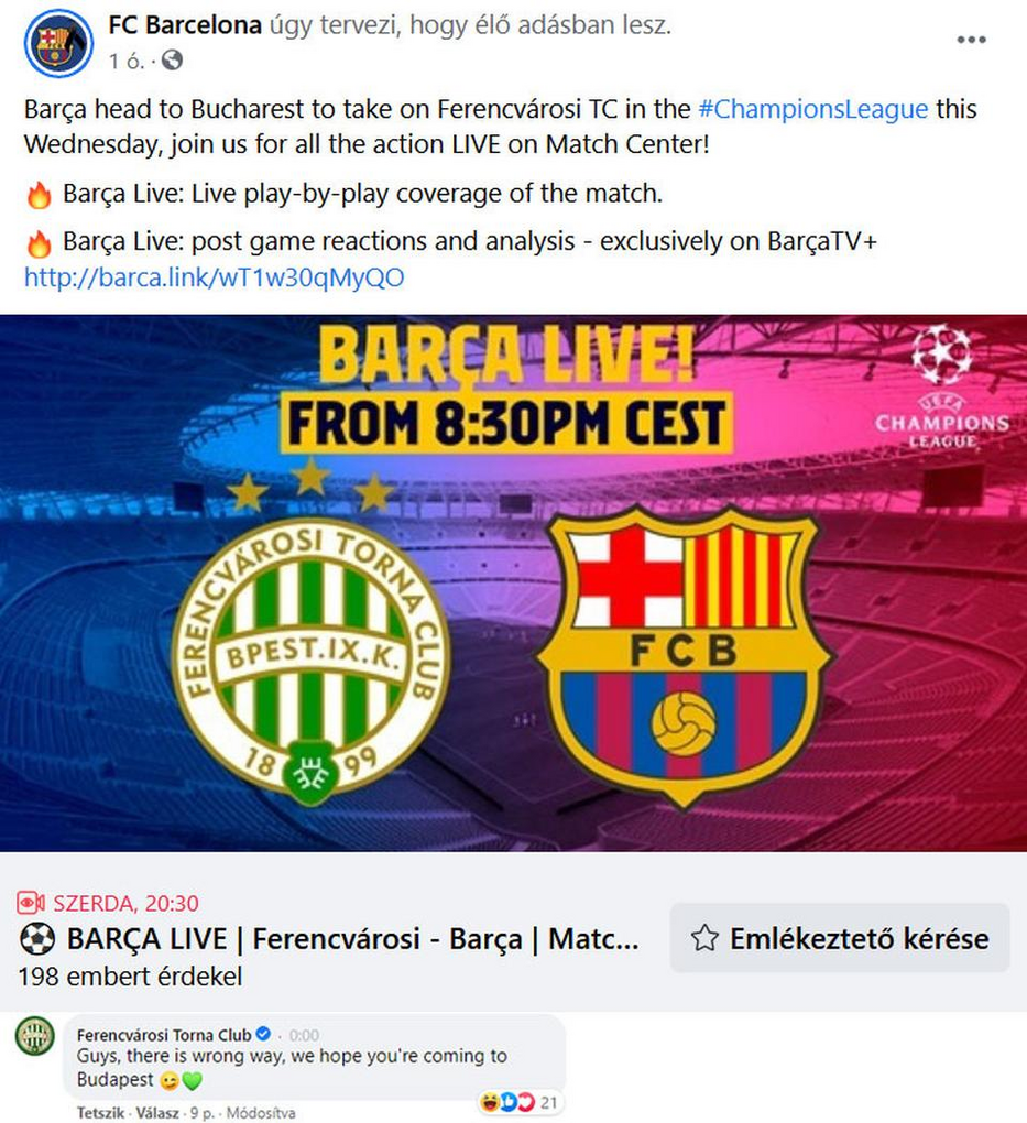 A Barca Bukarest felé veszi az rányt, hogy felvegye a küzdelmet a Ferencvárossal – írta a sztárklub Facebook-oldala