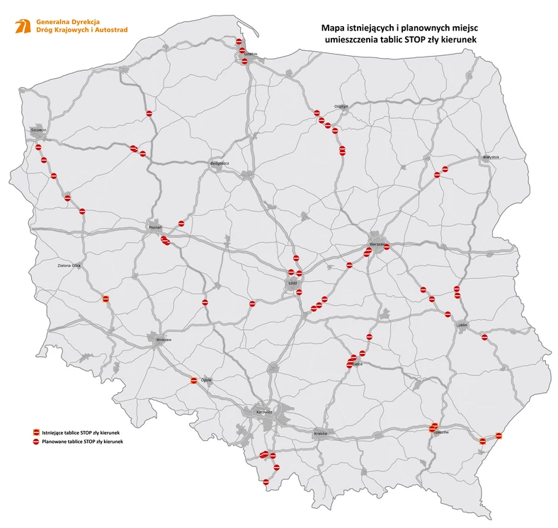 Mapa tablic STOP Zły kierunek