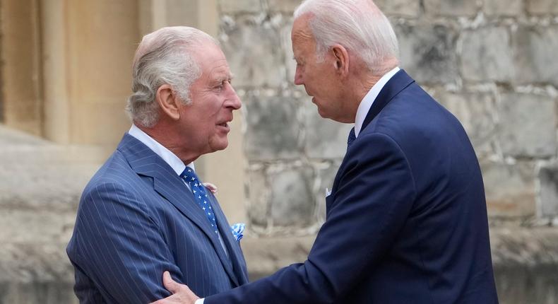 President Joe Biden shakes hands with King Charles III during a welcoming ceremony at Windsor Castle on July 10, 2023.Susan Walsh/AP