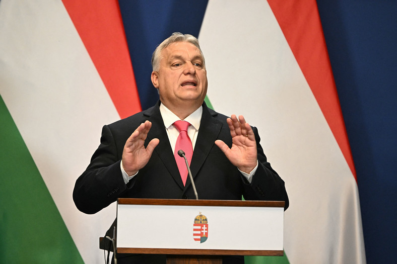 Premier Węgier Viktor Orban na konferencji w Budapeszcie, styczeń 2024 r.