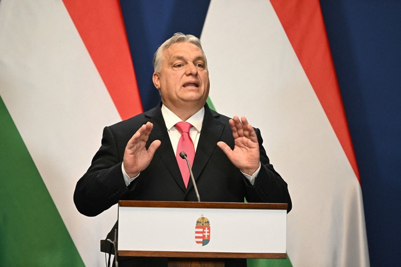 Premier Węgier Viktor Orban na konferencji w Budapeszcie, styczeń 2024 r.