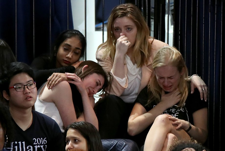 A group of women reacting as voting results came in at Clinton's event at the Javits Center.