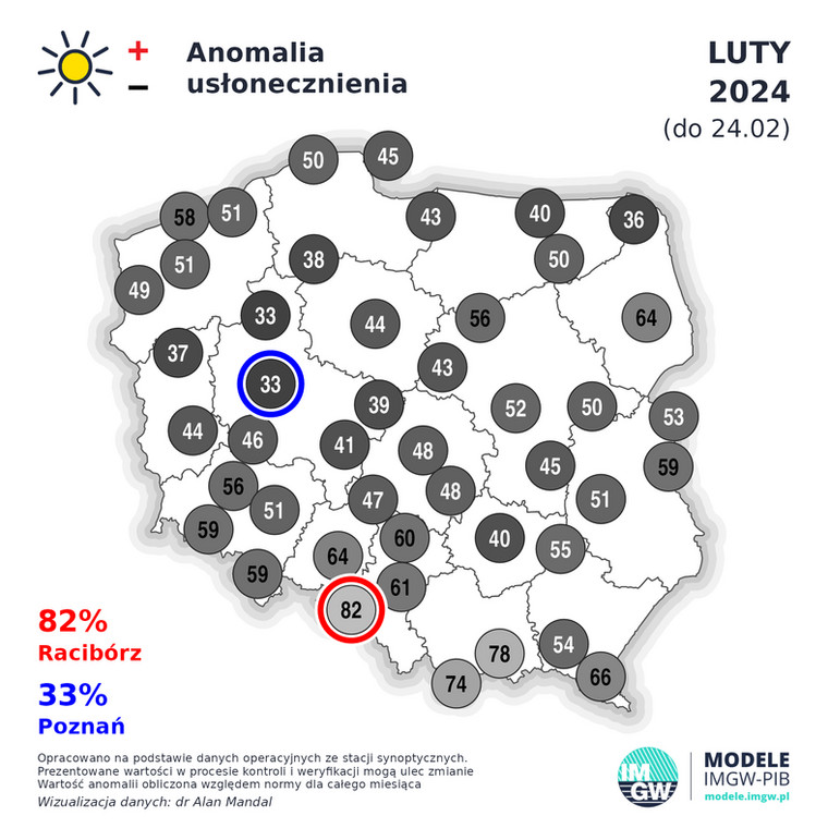 Anomalia usłonecznienia w Polsce do 24 lutego